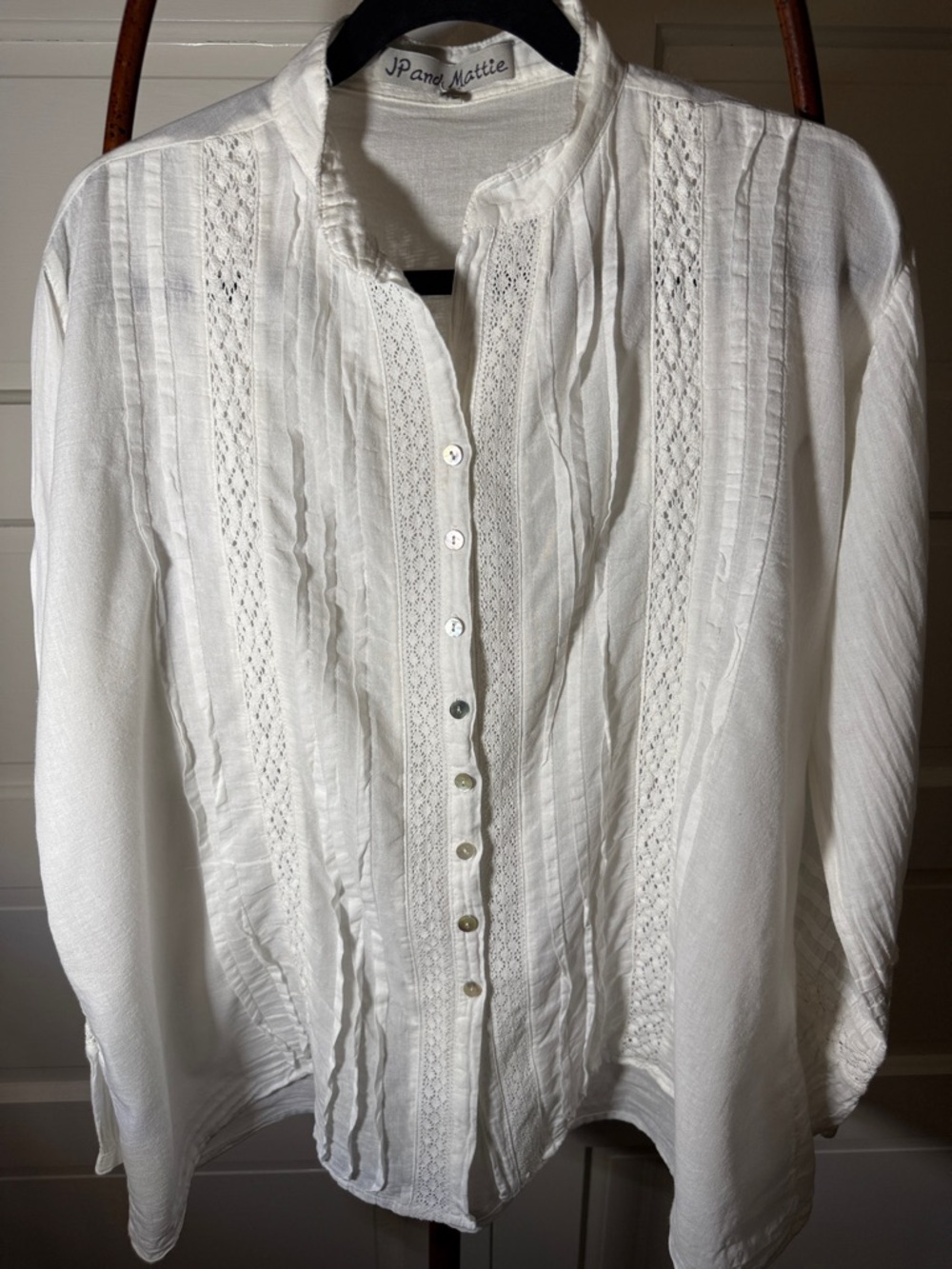 JP and Mattie White Lace Pintuck Blouse Cottage Core Boho XL